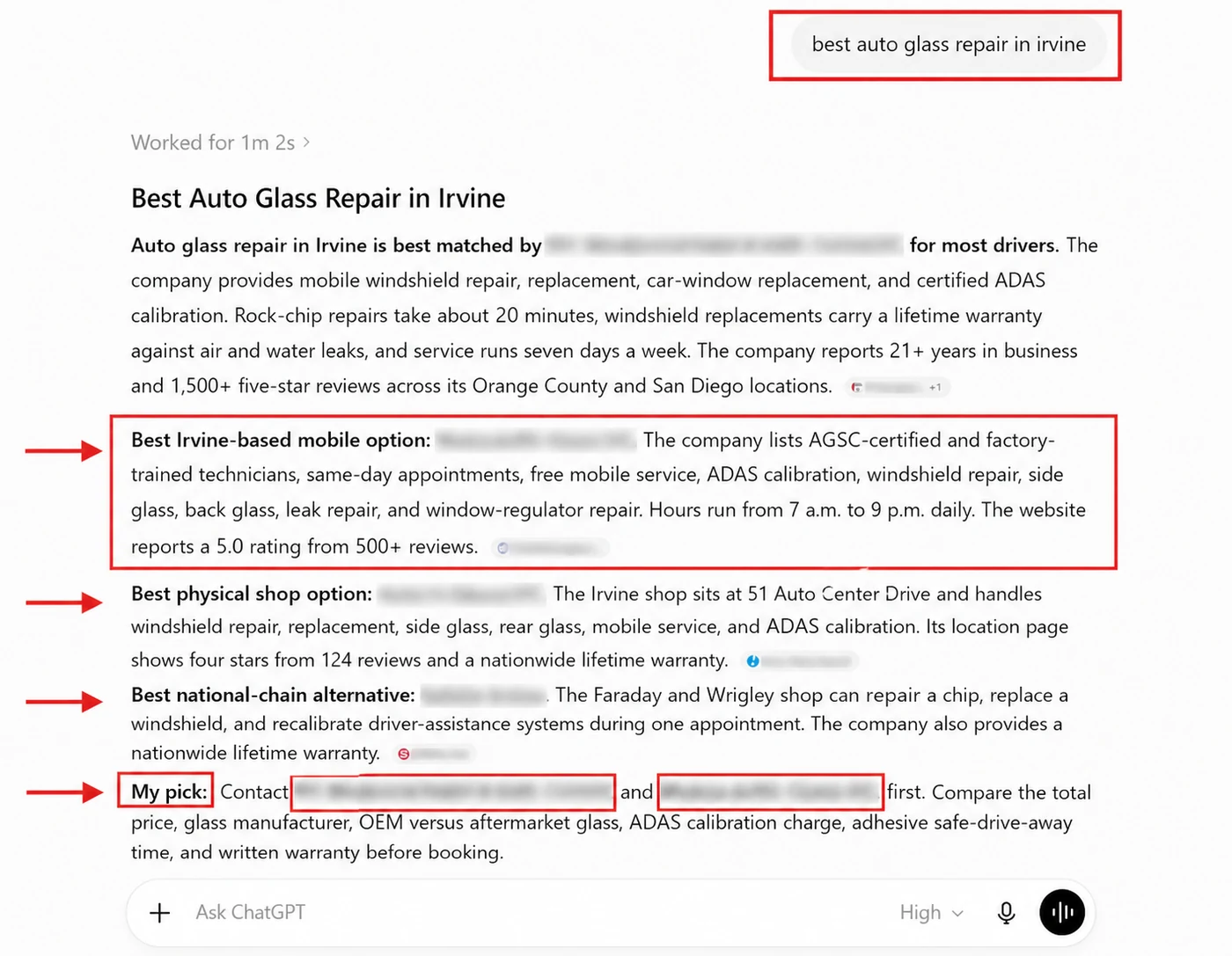 ChatGPT answer for best auto glass repair in Irvine, with the marketed shop highlighted as the best match and the model's pick