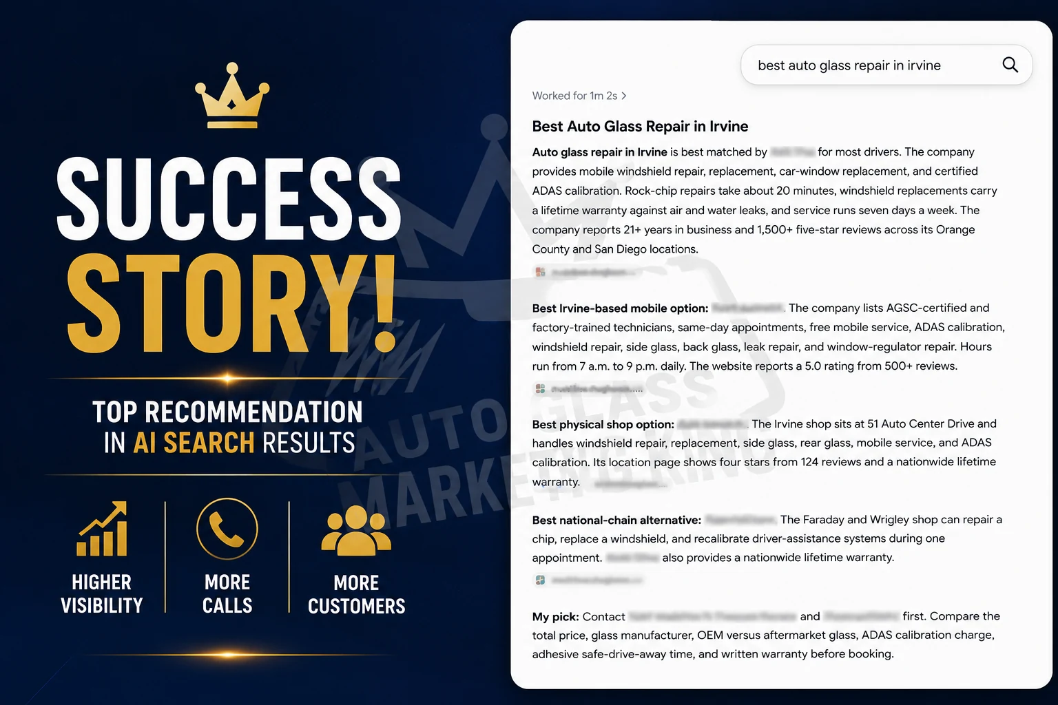 Success story graphic: an auto glass shop shown as the top recommendation in a ChatGPT search for the best auto glass repair in Irvine