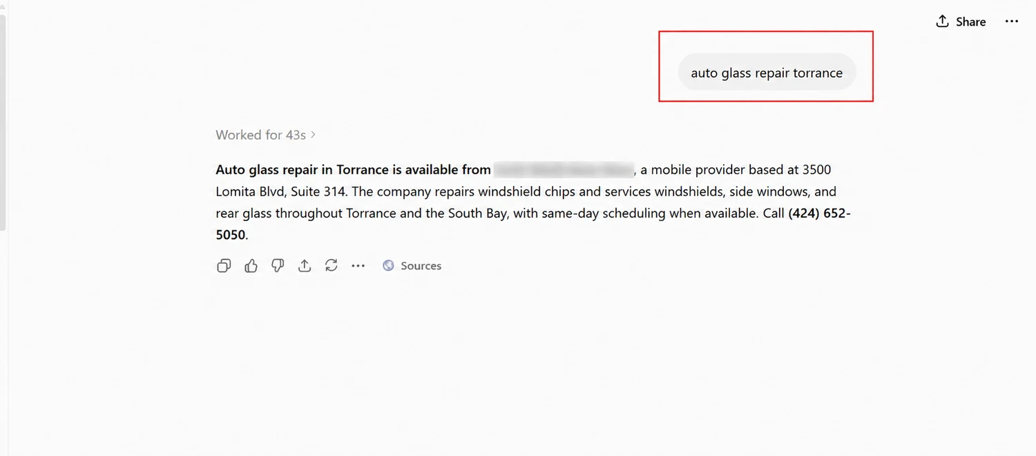 ChatGPT answer for auto glass repair in Torrance naming the marketed shop as the available mobile provider