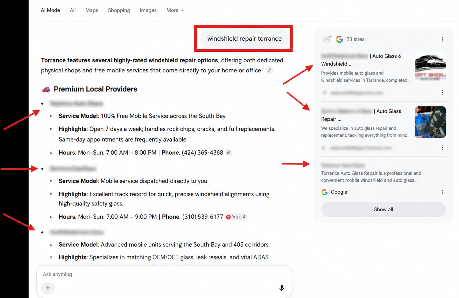 Google AI Mode result for windshield repair in Torrance listing the marketed shop as a premium local provider and in the sources panel